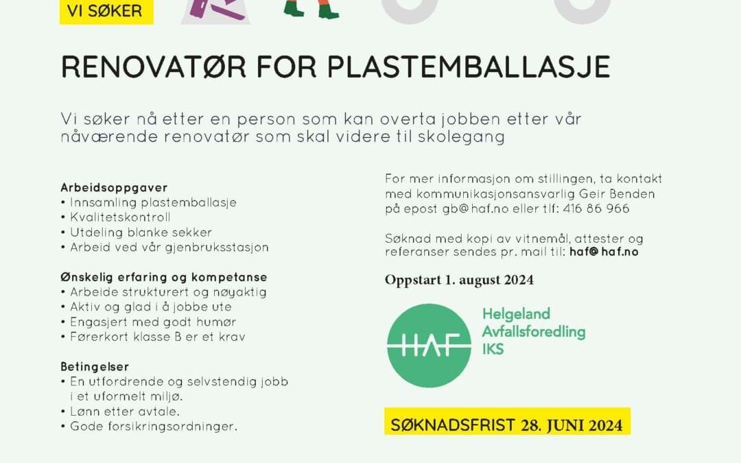 Stilling ledig- renovatør Plastemballasje